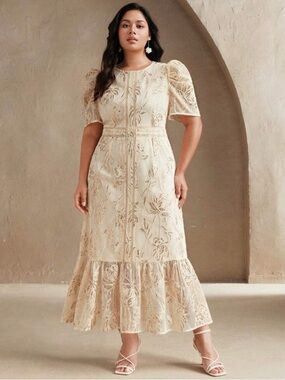 Cream Lace Maxi Dress with Puff Sleeves